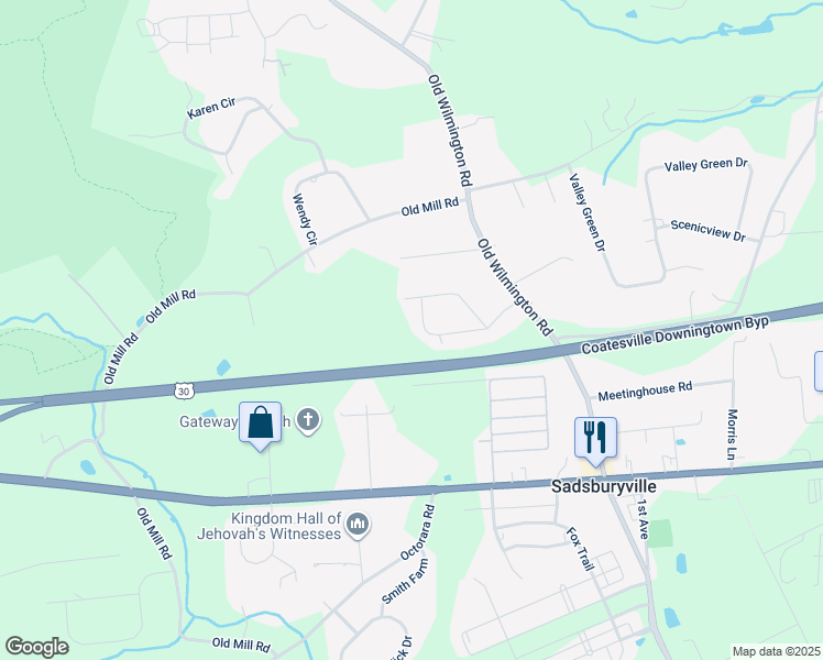 map of restaurants, bars, coffee shops, grocery stores, and more near 64 Frederick Road in Coatesville