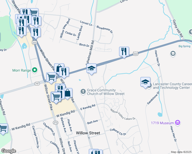 map of restaurants, bars, coffee shops, grocery stores, and more near 222 Willow Valley Lakes Drive in Willow Street