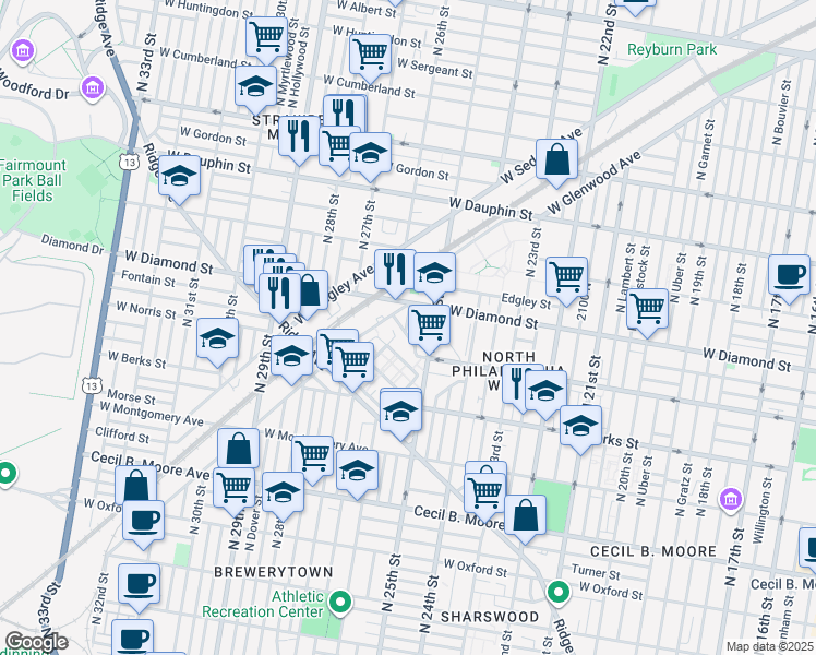 map of restaurants, bars, coffee shops, grocery stores, and more near 2550 West Glenwood Avenue in Philadelphia