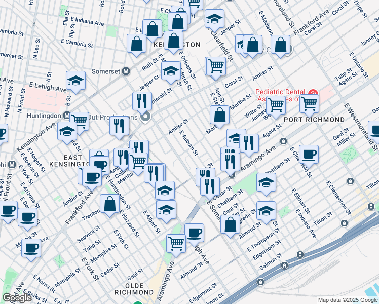 map of restaurants, bars, coffee shops, grocery stores, and more near 2211 East Rush Street in Philadelphia
