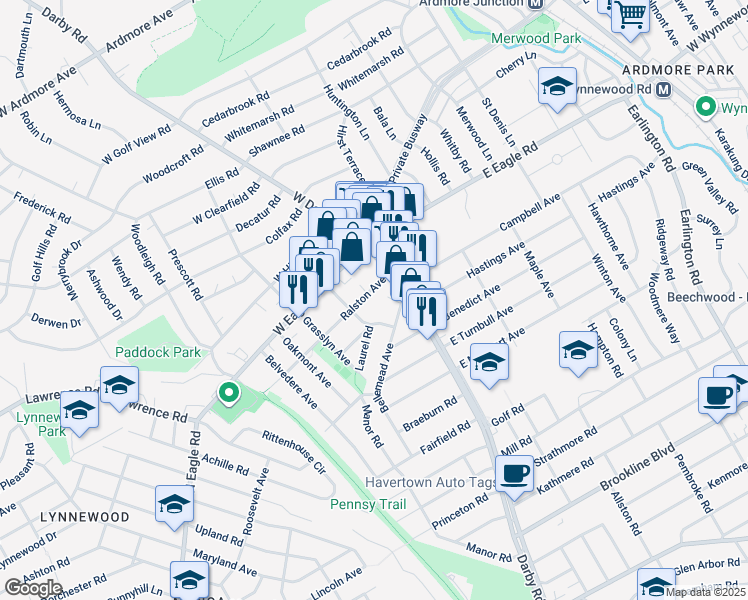 map of restaurants, bars, coffee shops, grocery stores, and more near 25 Ralston Ave in Havertown