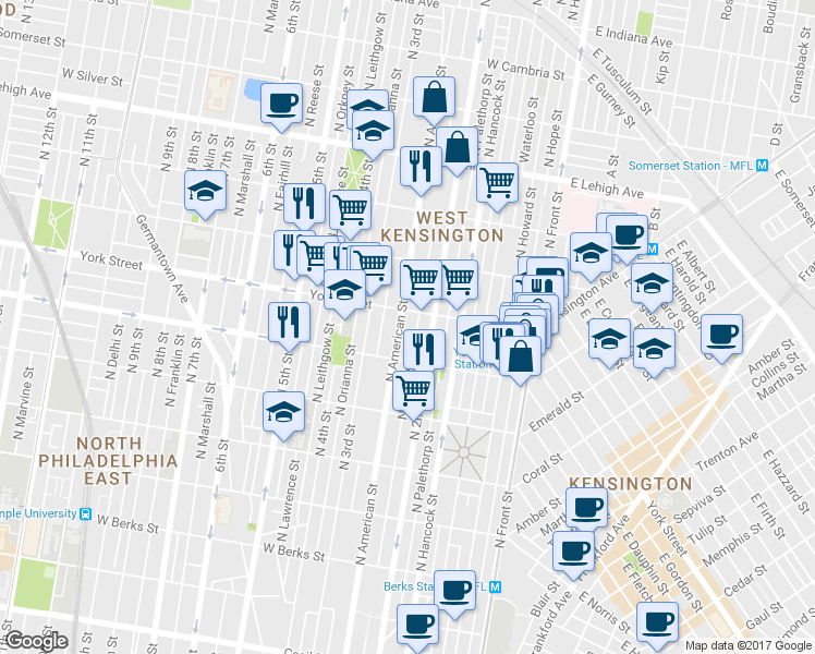 map of restaurants, bars, coffee shops, grocery stores, and more near 2325 N American St in Philadelphia