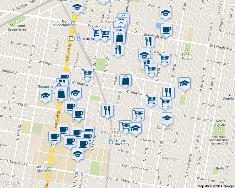 map of restaurants, bars, coffee shops, grocery stores, and more near 2246 N Delhi St in Philadelphia