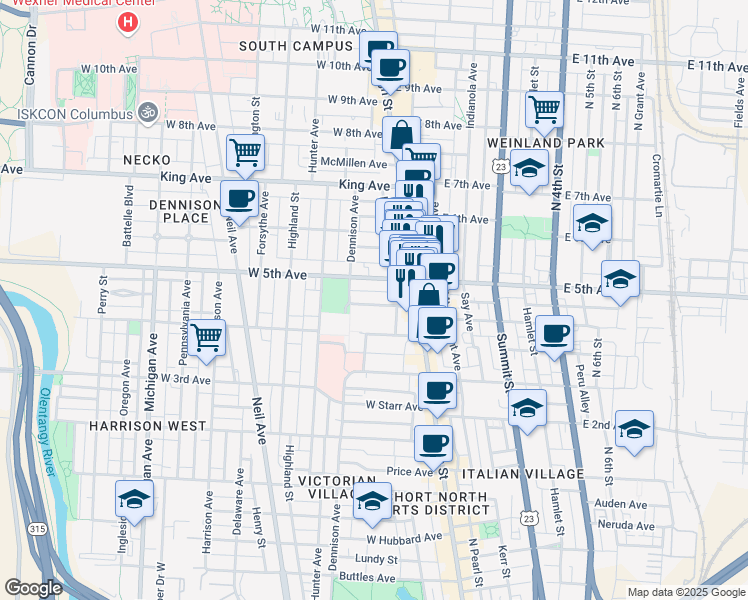 map of restaurants, bars, coffee shops, grocery stores, and more near 51 West 5th Avenue in Columbus