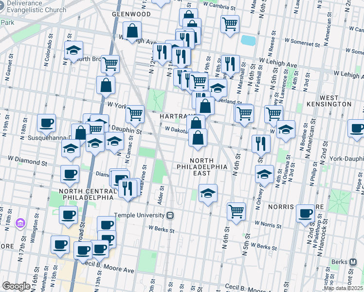 map of restaurants, bars, coffee shops, grocery stores, and more near 2246 N Delhi St in Philadelphia