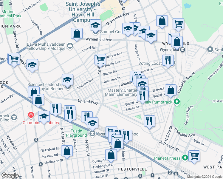 map of restaurants, bars, coffee shops, grocery stores, and more near 5634 Lebanon Avenue in Philadelphia