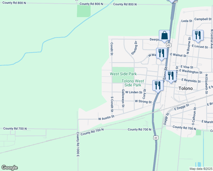 map of restaurants, bars, coffee shops, grocery stores, and more near 604 West Holden Street in Tolono