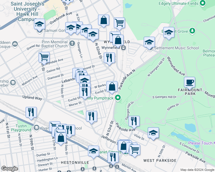 map of restaurants, bars, coffee shops, grocery stores, and more near 5216 West Berks Street in Philadelphia