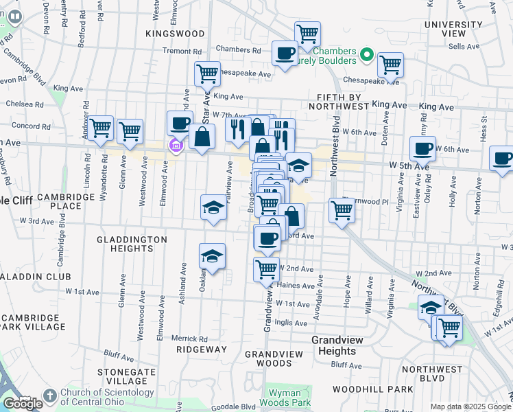 map of restaurants, bars, coffee shops, grocery stores, and more near 1436 Broadview Avenue in Columbus