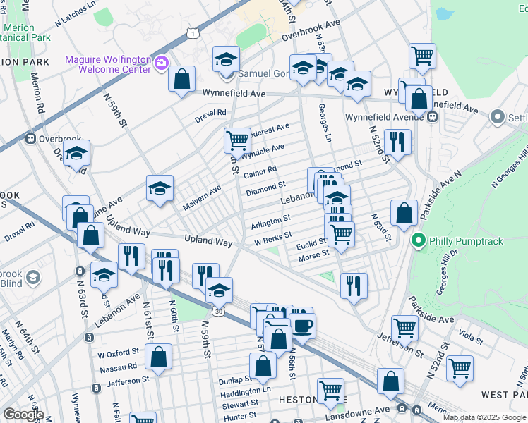 map of restaurants, bars, coffee shops, grocery stores, and more near 5634 Lebanon Avenue in Philadelphia