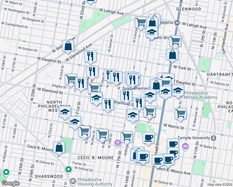 map of restaurants, bars, coffee shops, grocery stores, and more near 2126 North 18th Street in Philadelphia