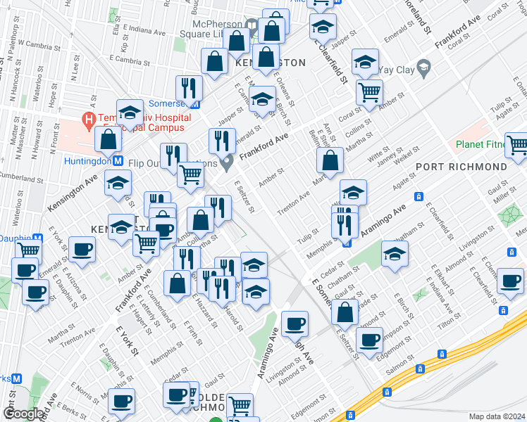 map of restaurants, bars, coffee shops, grocery stores, and more near 2777 Martha Street in Philadelphia