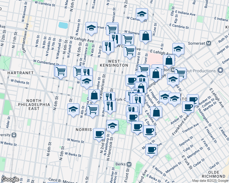 map of restaurants, bars, coffee shops, grocery stores, and more near 2350 North Palethorp Street in Philadelphia