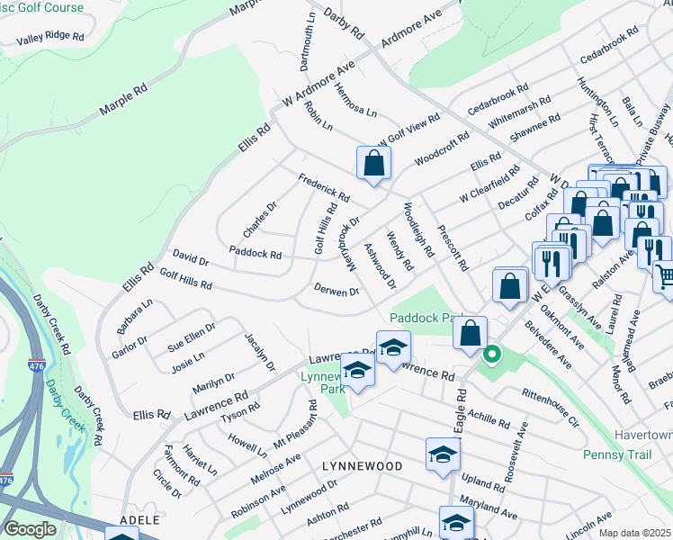 map of restaurants, bars, coffee shops, grocery stores, and more near 409 Paddock Road in Havertown