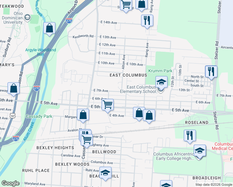 map of restaurants, bars, coffee shops, grocery stores, and more near 797 Alton Avenue in Columbus