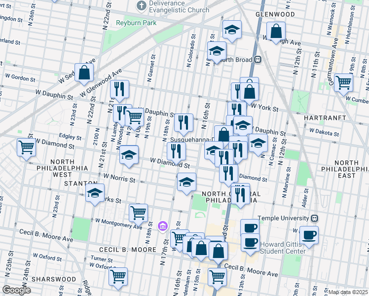 map of restaurants, bars, coffee shops, grocery stores, and more near 2129 North 17th Street in Philadelphia