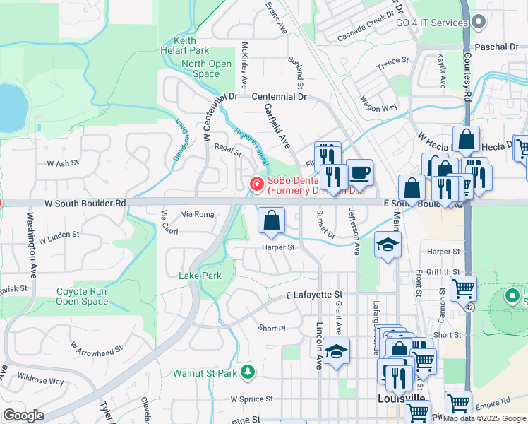 map of restaurants, bars, coffee shops, grocery stores, and more near 307 West South Boulder Road in Louisville