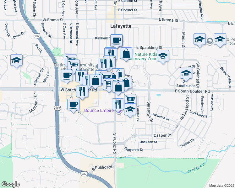 map of restaurants, bars, coffee shops, grocery stores, and more near 183 East South Boulder Road in Lafayette