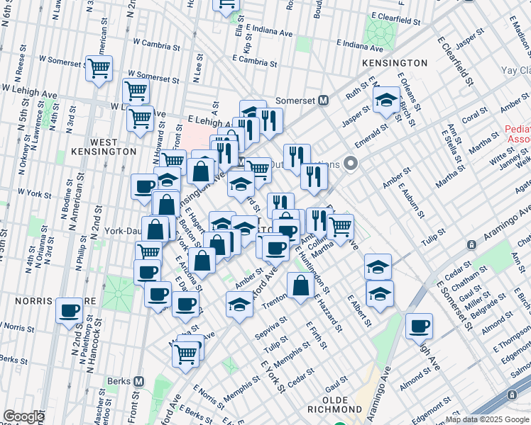 map of restaurants, bars, coffee shops, grocery stores, and more near 2563 Emerald Street in Philadelphia