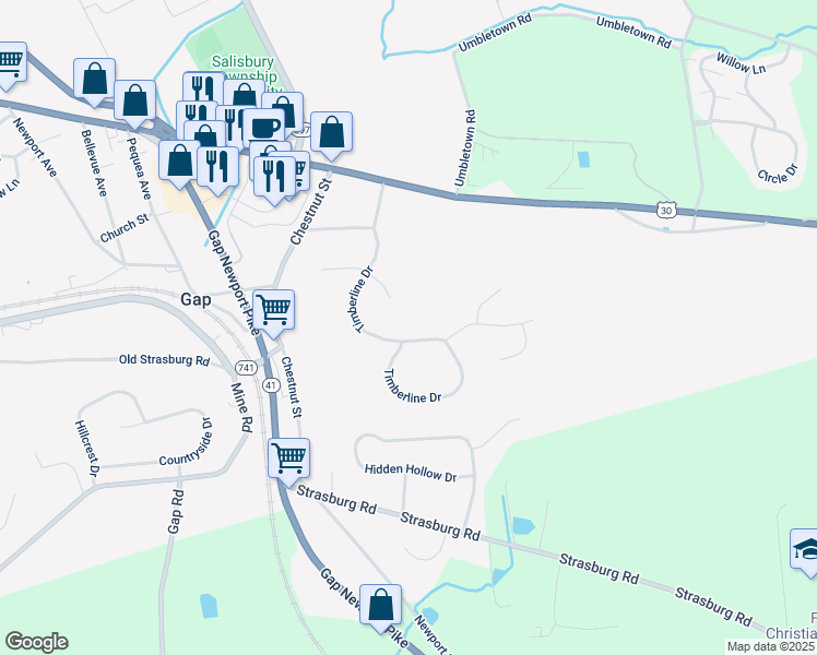 map of restaurants, bars, coffee shops, grocery stores, and more near 863 Timberline Drive in Gap