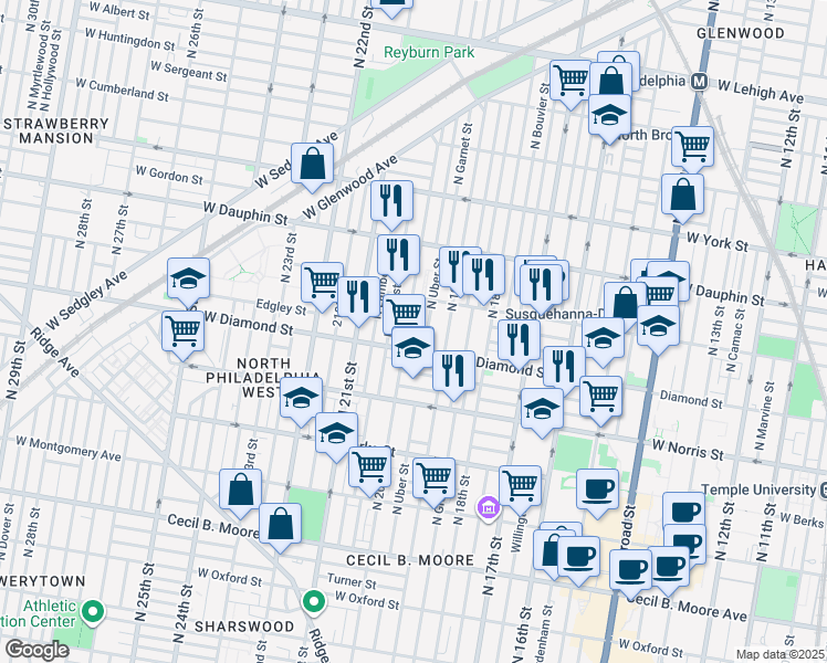 map of restaurants, bars, coffee shops, grocery stores, and more near 2139 North Uber Street in Philadelphia