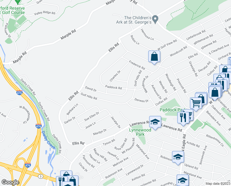 map of restaurants, bars, coffee shops, grocery stores, and more near 232 David Drive in Havertown