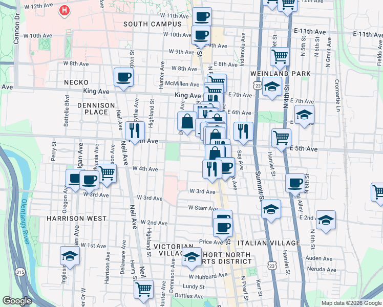 map of restaurants, bars, coffee shops, grocery stores, and more near 70 West Greenwood Avenue in Columbus