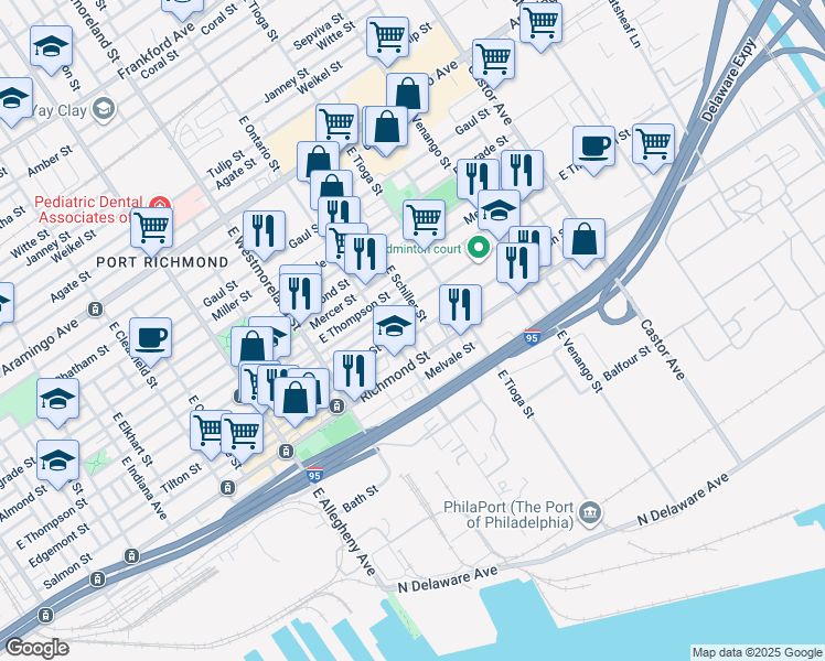 map of restaurants, bars, coffee shops, grocery stores, and more near 3426 Salmon St in Philadelphia