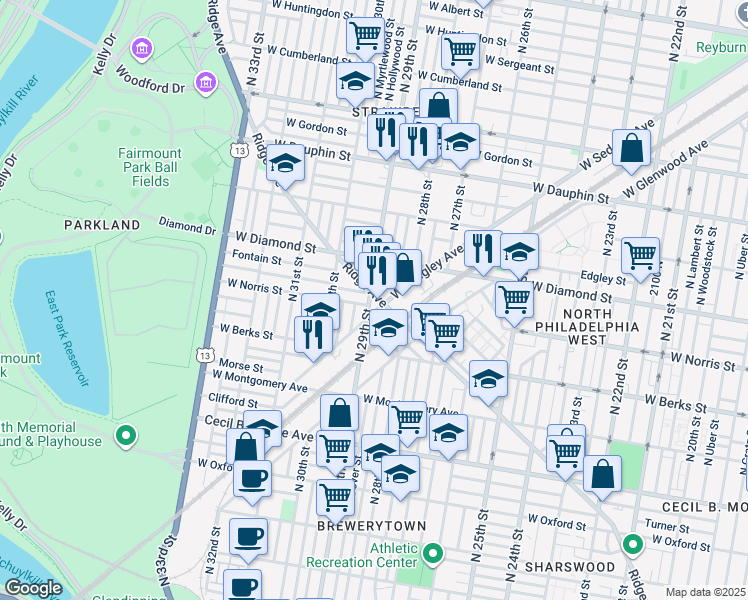 map of restaurants, bars, coffee shops, grocery stores, and more near 2838 Ridge Avenue in Philadelphia