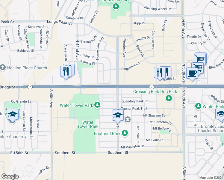 map of restaurants, bars, coffee shops, grocery stores, and more near 4481 Crestone Peak Street in Brighton