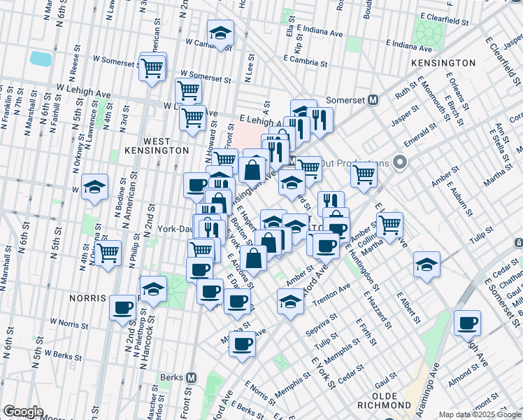 map of restaurants, bars, coffee shops, grocery stores, and more near 2476 Jasper Street in Philadelphia