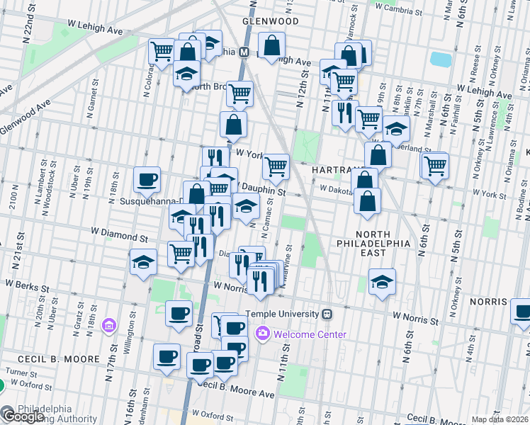 map of restaurants, bars, coffee shops, grocery stores, and more near 2220 North Camac Street in Philadelphia