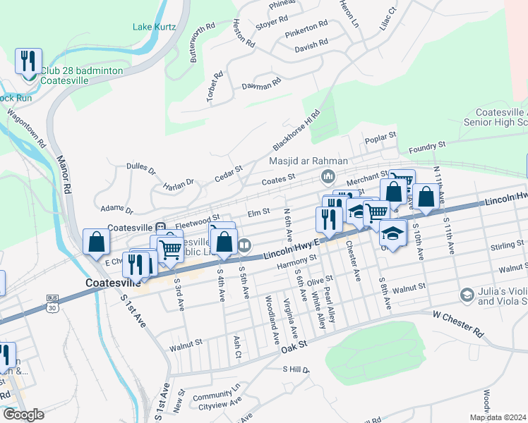 map of restaurants, bars, coffee shops, grocery stores, and more near 583 Elm Street in Coatesville