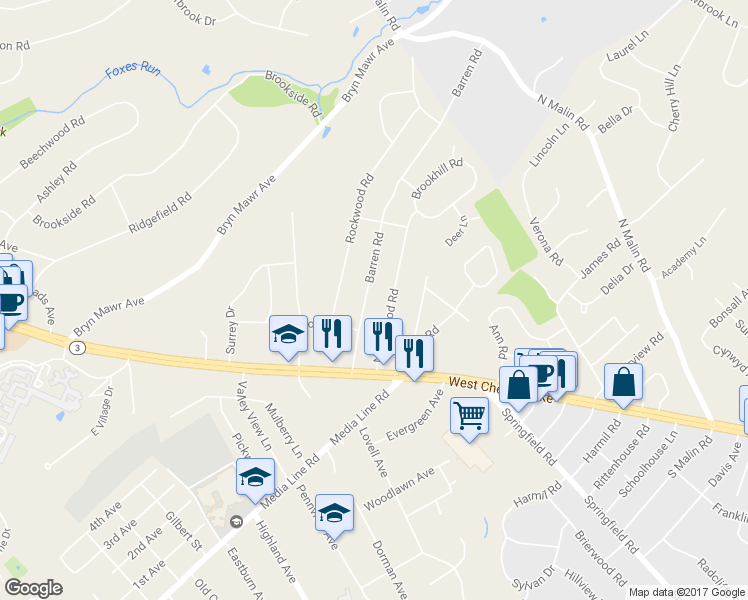 map of restaurants, bars, coffee shops, grocery stores, and more near 33 Barren Road in Newtown Square