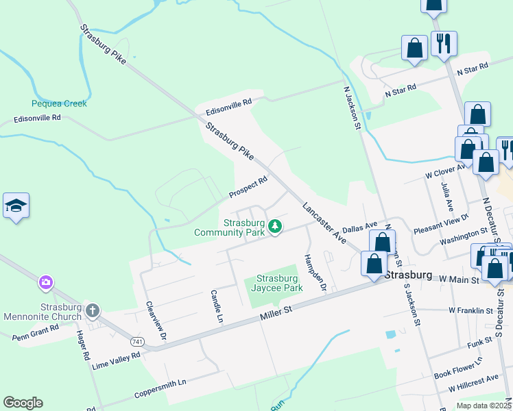 map of restaurants, bars, coffee shops, grocery stores, and more near 240 Cross Keys Drive in Strasburg