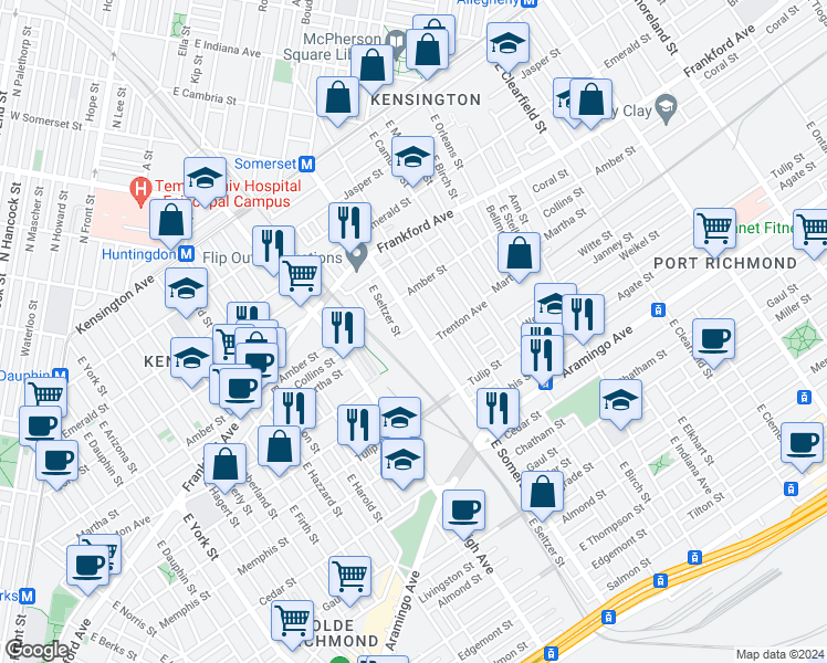 map of restaurants, bars, coffee shops, grocery stores, and more near 2777 Martha Street in Philadelphia