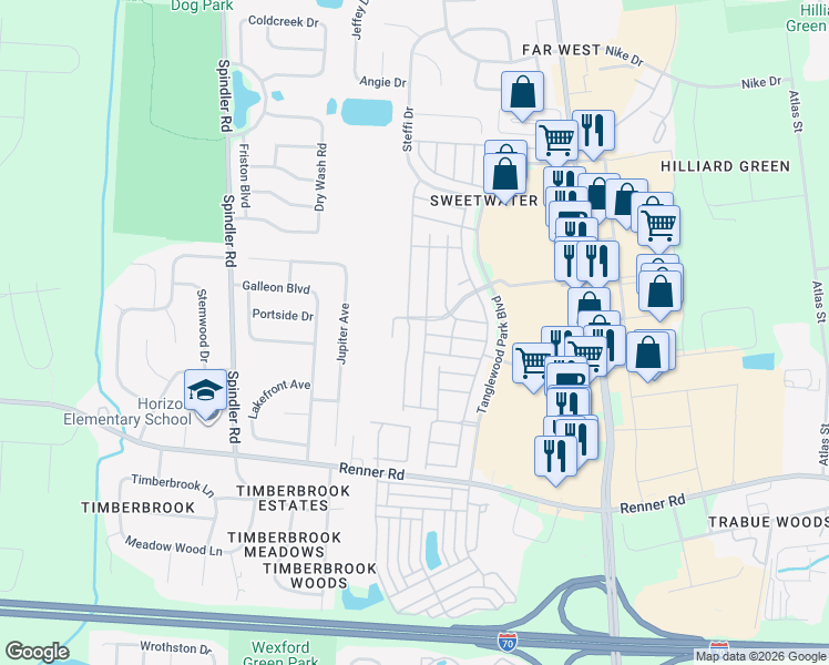 map of restaurants, bars, coffee shops, grocery stores, and more near 1802 Ridgebury Drive in Hilliard