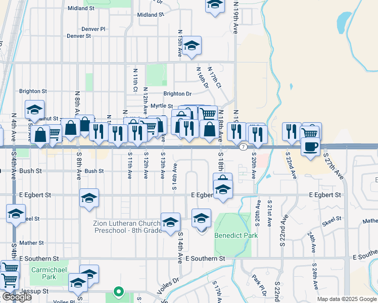 map of restaurants, bars, coffee shops, grocery stores, and more near 1401 East Bridge Street in Brighton