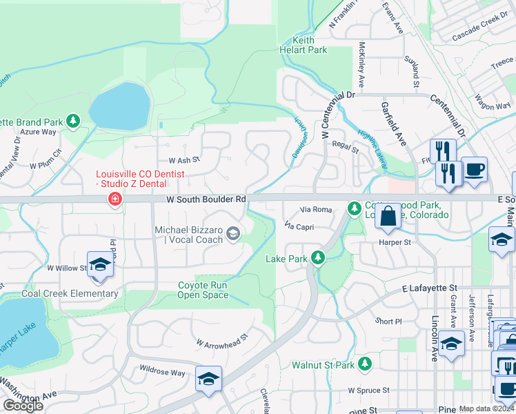 map of restaurants, bars, coffee shops, grocery stores, and more near 545 West South Boulder Road in Louisville