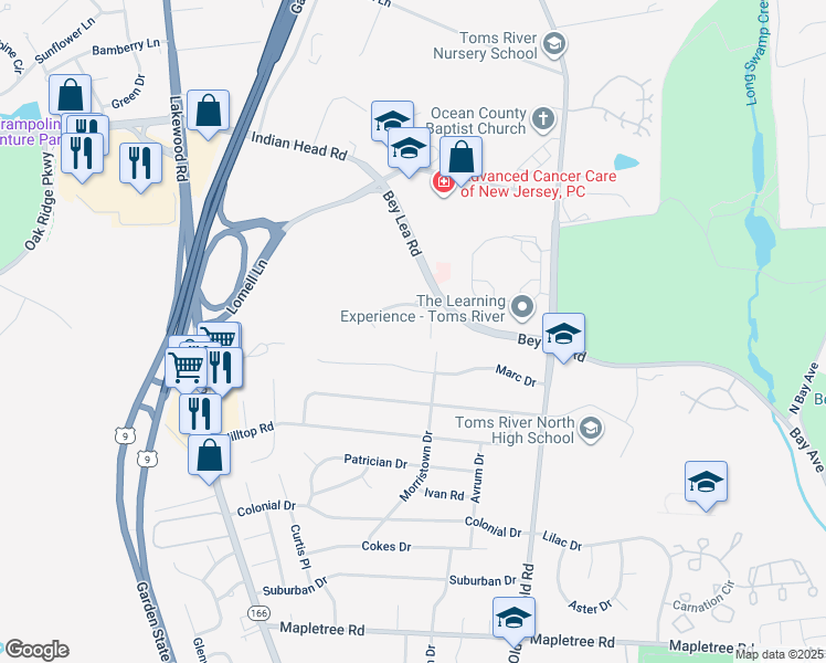 map of restaurants, bars, coffee shops, grocery stores, and more near 3600 Cypress Point Drive in Toms River