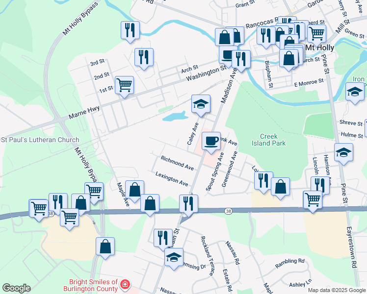 map of restaurants, bars, coffee shops, grocery stores, and more near 136 Comfort Avenue in Mount Holly