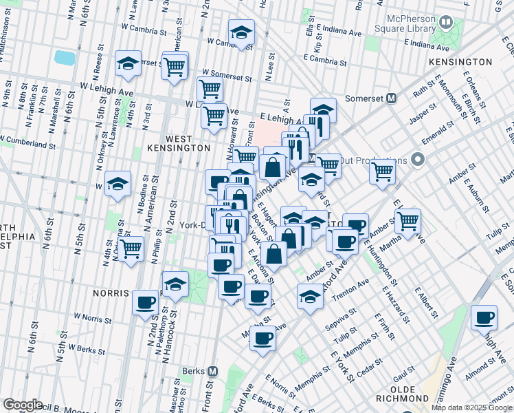 map of restaurants, bars, coffee shops, grocery stores, and more near 2449 Kensington Avenue in Philadelphia