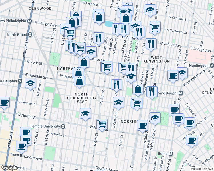 map of restaurants, bars, coffee shops, grocery stores, and more near 2337 North Fairhill Street in Philadelphia