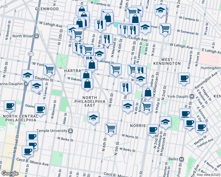 map of restaurants, bars, coffee shops, grocery stores, and more near 2325 North Marshall Street in Philadelphia
