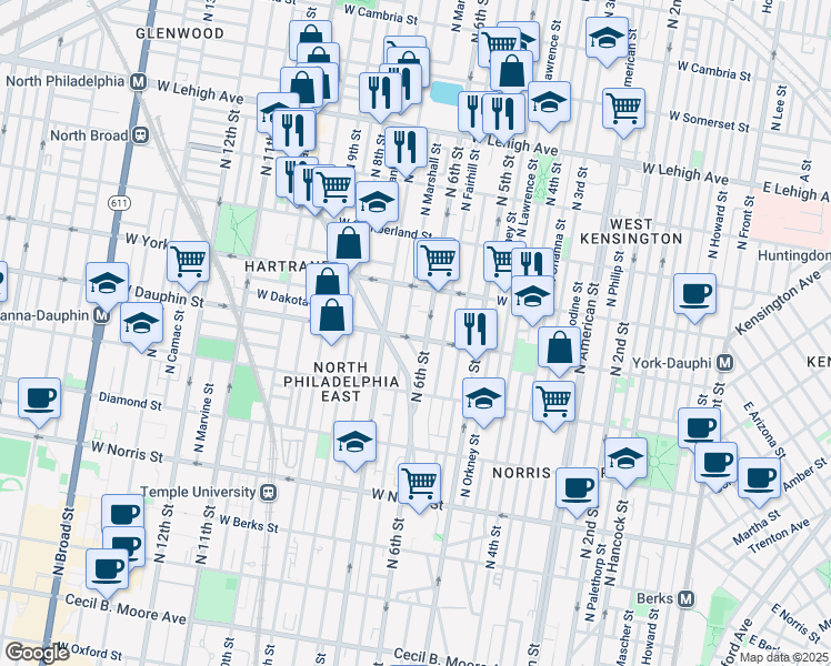 map of restaurants, bars, coffee shops, grocery stores, and more near 2325 North Marshall Street in Philadelphia