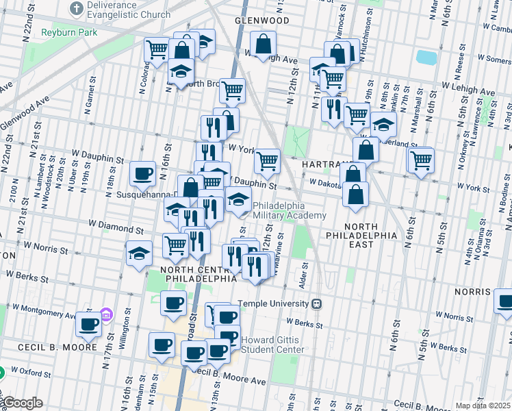 map of restaurants, bars, coffee shops, grocery stores, and more near 2247 North Camac Street in Philadelphia