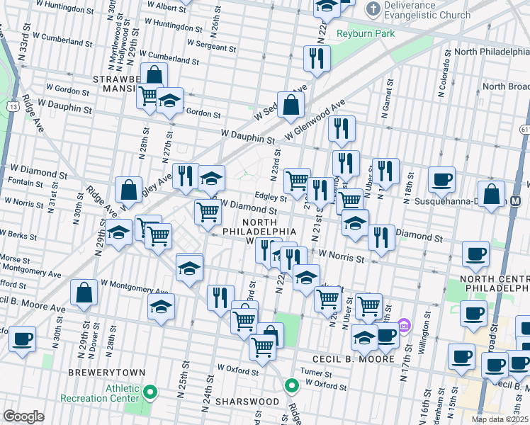map of restaurants, bars, coffee shops, grocery stores, and more near 2300 Edgley Street in Philadelphia