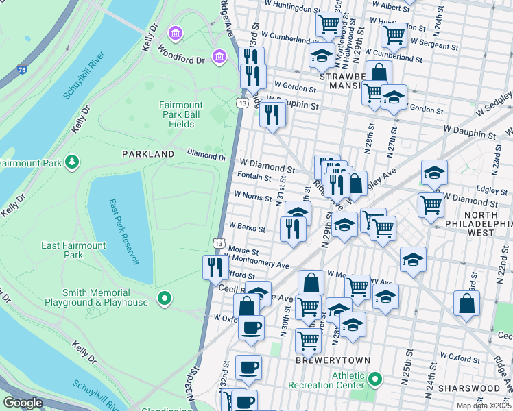 map of restaurants, bars, coffee shops, grocery stores, and more near 1939 N 32nd St in Philadelphia