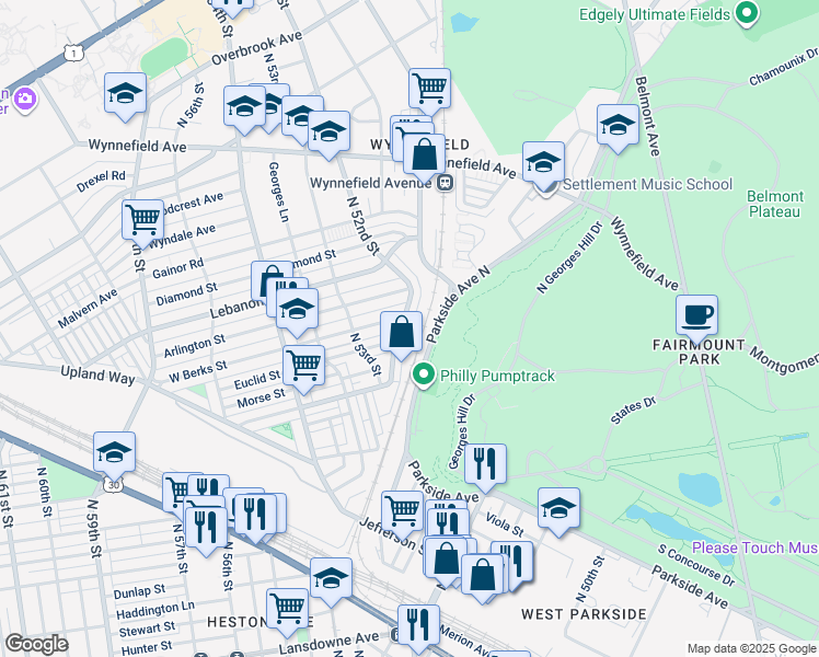 map of restaurants, bars, coffee shops, grocery stores, and more near 1923R North 52nd Street in Philadelphia