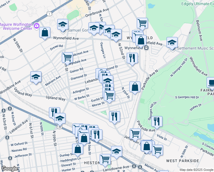 map of restaurants, bars, coffee shops, grocery stores, and more near 5337 Arlington Street in Philadelphia